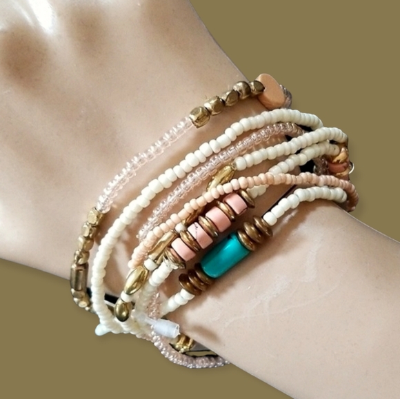Vintage Boho Turquoise Coral Goldtone Beaded Stackable Stretch Bracelet Set - Picture 4 of 16